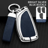 A bright silver blue buckle car key case with a dark blue strap and multiple keys displayed on a black textured surface.