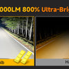 Comparison of a 33000LM Ultra-Bright FAHREN bulb and a Halogen bulb illuminating a road with trees.
