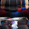 A set of universal car seat covers for Hyundai and Kia models shown in various colors like black, red, blue, and beige.