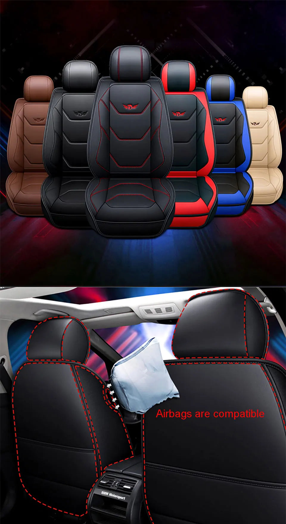 A set of universal car seat covers for Hyundai and Kia models shown in various colors like black, red, blue, and beige.