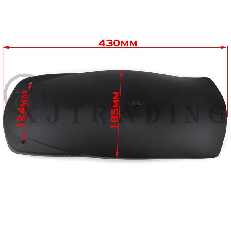 Black durable plastic fender for go-kart or ATV with dimensions marked.