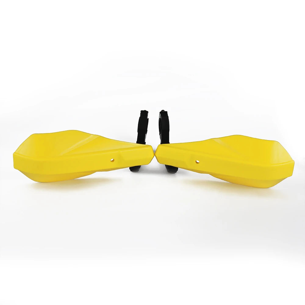 Yellow universal motorcycle handguard and brush protector with black mounting hardware.