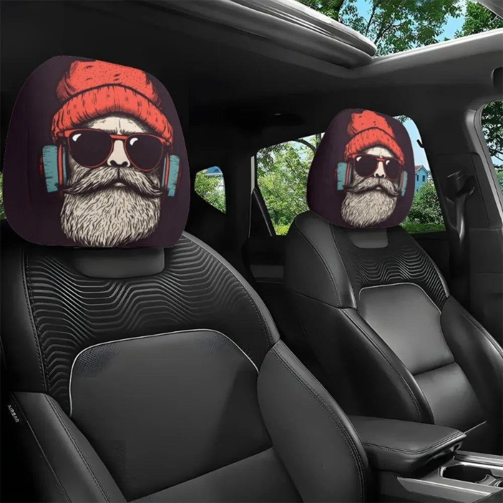 A pair of car seat headrest covers featuring a man with a beard wearing a red knit hat and sunglasses.
