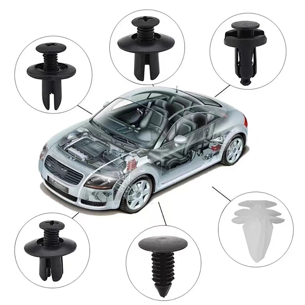 Ensemble de clips et fixations pour rétentrices de garniture de porte de voiture automobile.