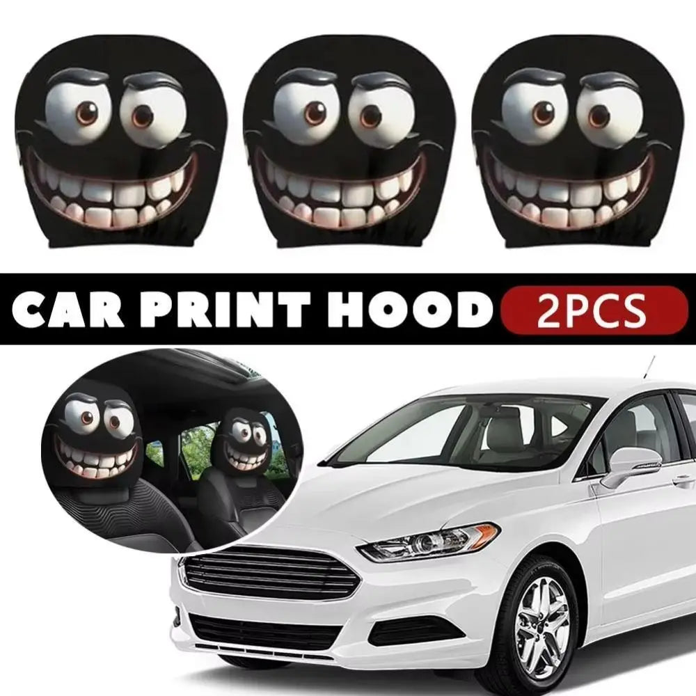 Two black car print hood headrest covers shown on a white car interior.