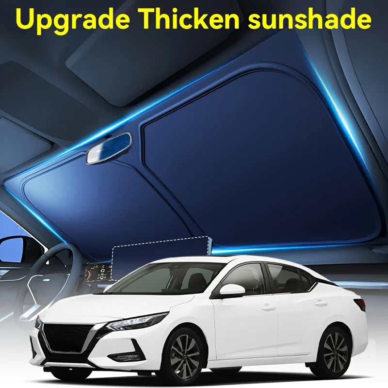 A white sedan is shown with a blue light-up sunshade installed on the windshield.