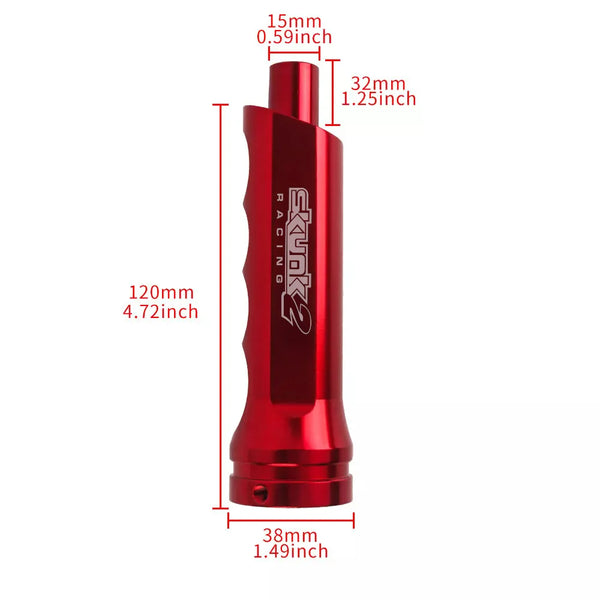A red aluminum handbrake cover for a manual transmission with various dimension markings.