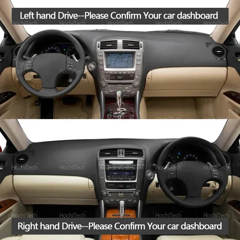 Two views of an anti-slip dashboard cover for a Lexus IS series car showing the steering wheel and interior panel.
