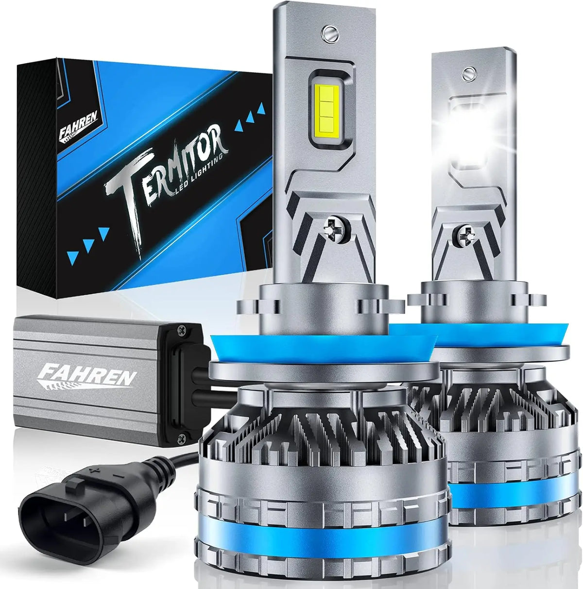 Un ensemble de produits d'éclairage LED Fahren Termitor comprenant un boîtier, des ampoules et des composants de montage.
