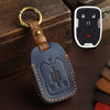 A dark blue leather key cover with a brass keyring is shown next to a white electronic fob.