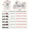A comparison chart showing various sizes of universal motorcycle covers with corresponding dimensions and suitable motorcycle
