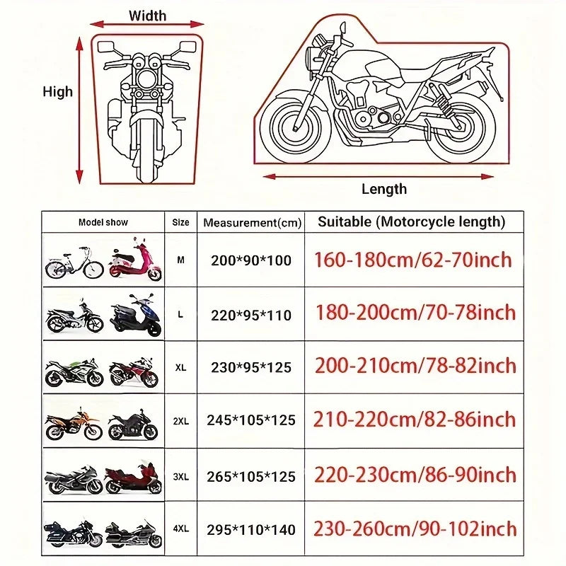 A comparison chart showing various sizes of universal motorcycle covers with corresponding dimensions and suitable motorcycle