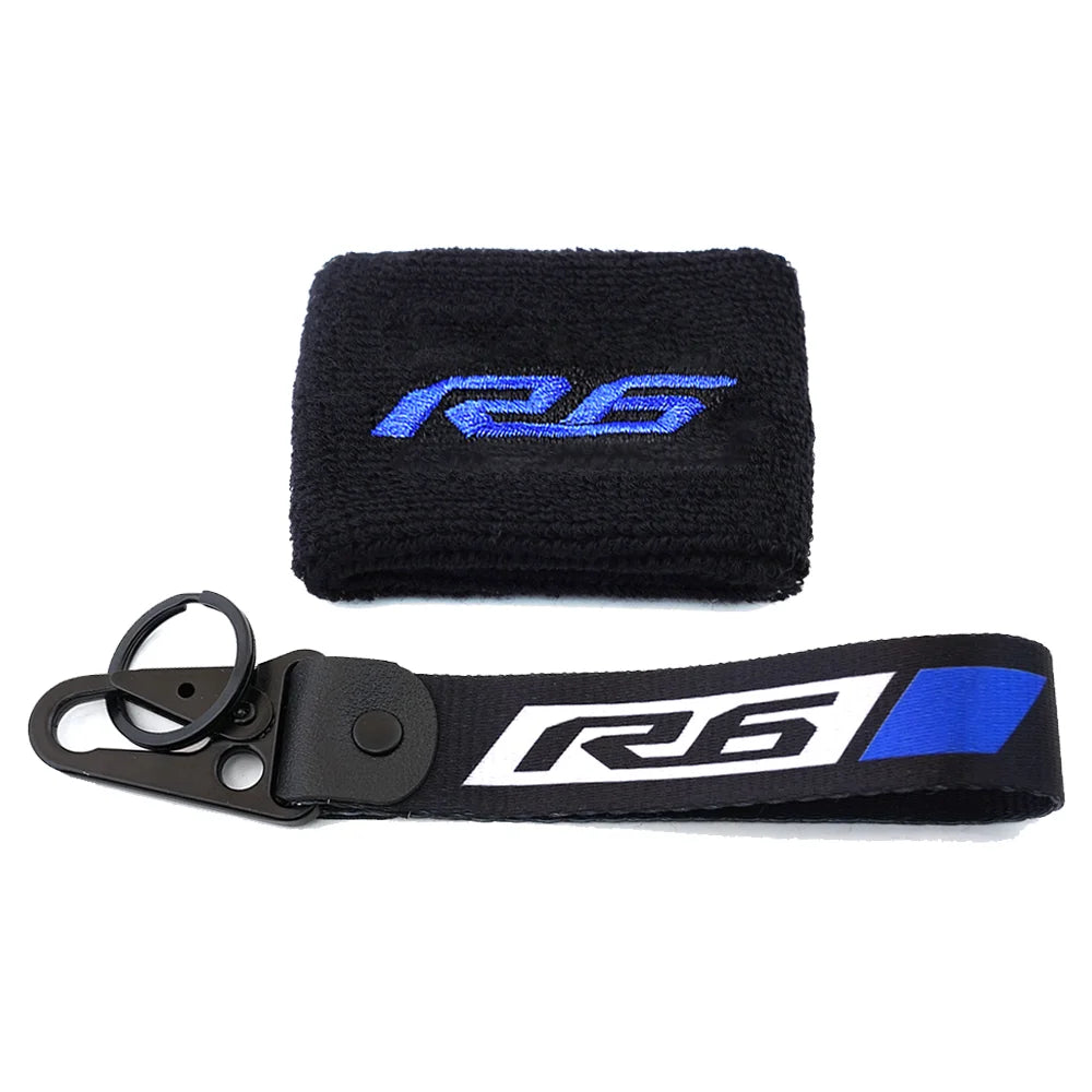 Housse en néoprène noire avec logo R6 bleu et sangle noire avec logo R6 blanc et bleu