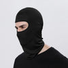 A person wearing a black all-weather windproof balaclava face mask.
