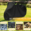 Black all-weather protection shield for a bicycle, featuring waterproof, dustproof, rainproof, and sunproof qualities.