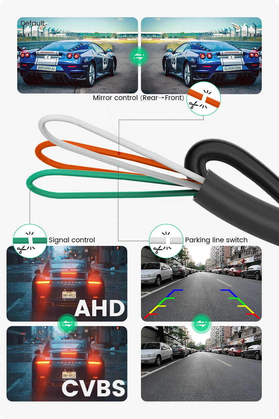 A close-up of a mirror control wire harness and various signal wires for an HD backup camera system.