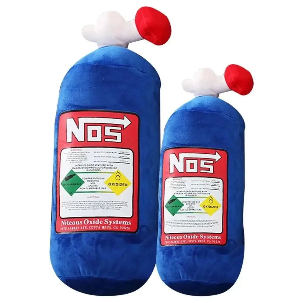 A blue Nitrous Oxide Systems bottle with a white car neck and lumbar pillow set.