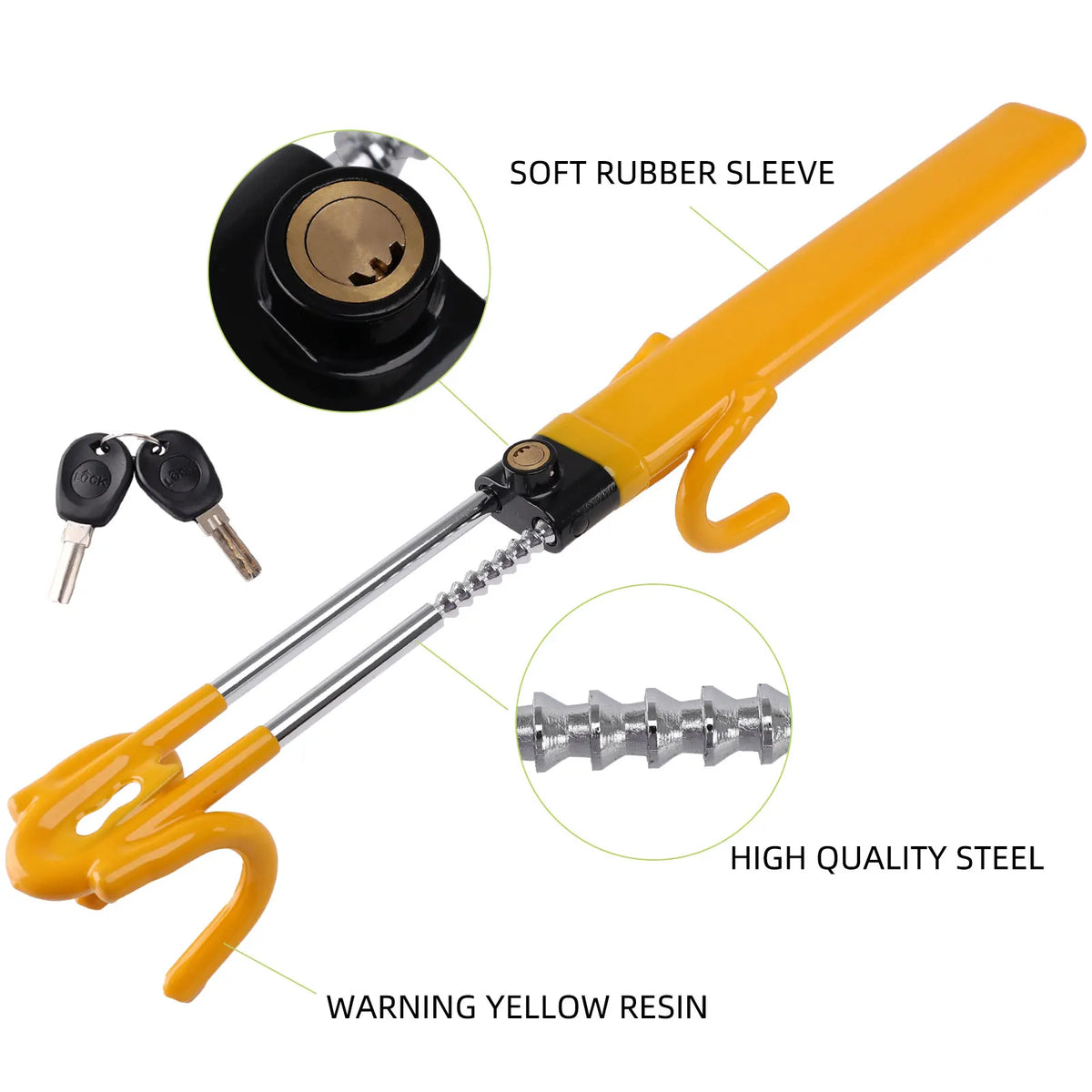 A yellow heavy duty adjustable steering wheel lock tool with a soft rubber sleeve and high quality steel components.