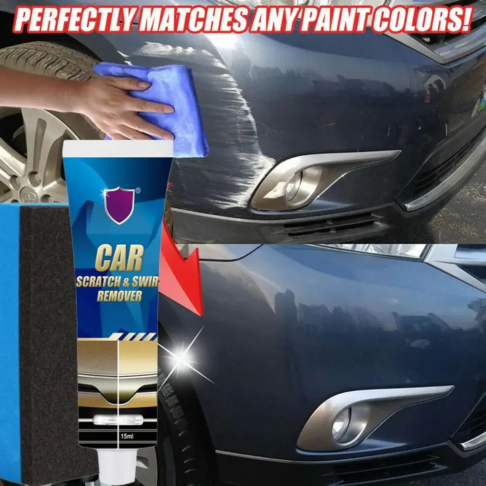 A blue polish is shown being applied to a dark car surface, demonstrating its ability to match any paint color.