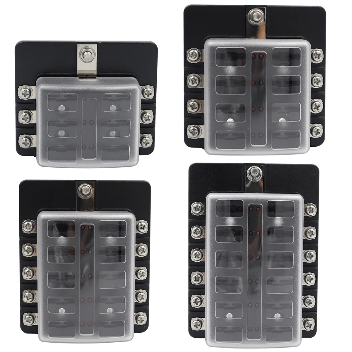 A multi-way blade fuse box with clear plastic covers and black housing, featuring multiple fuse slots.