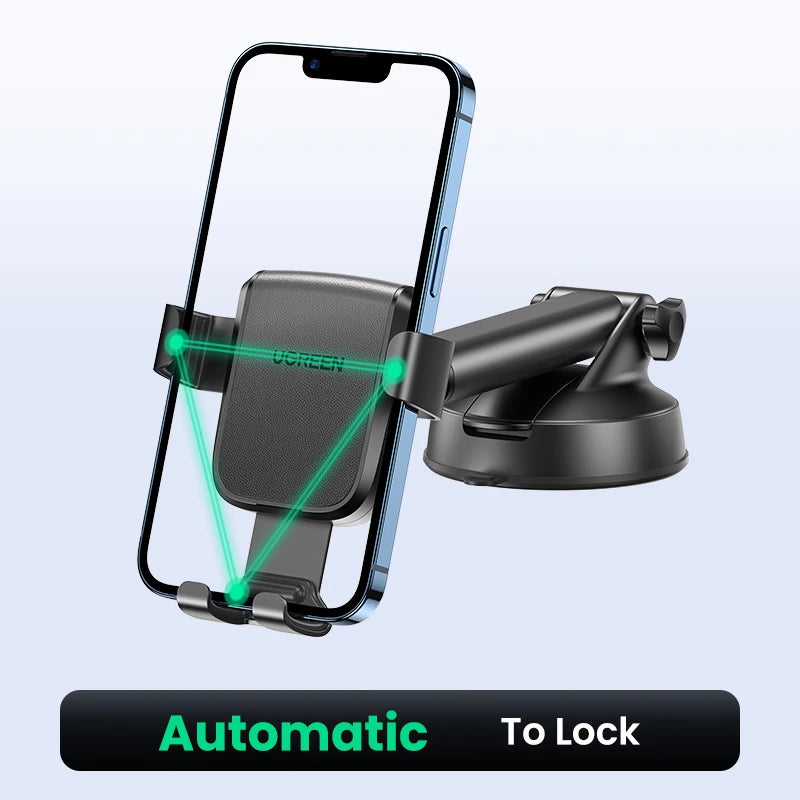Support de téléphone à pince pour voiture noir avec fonctionnalité de verrouillage automatique.