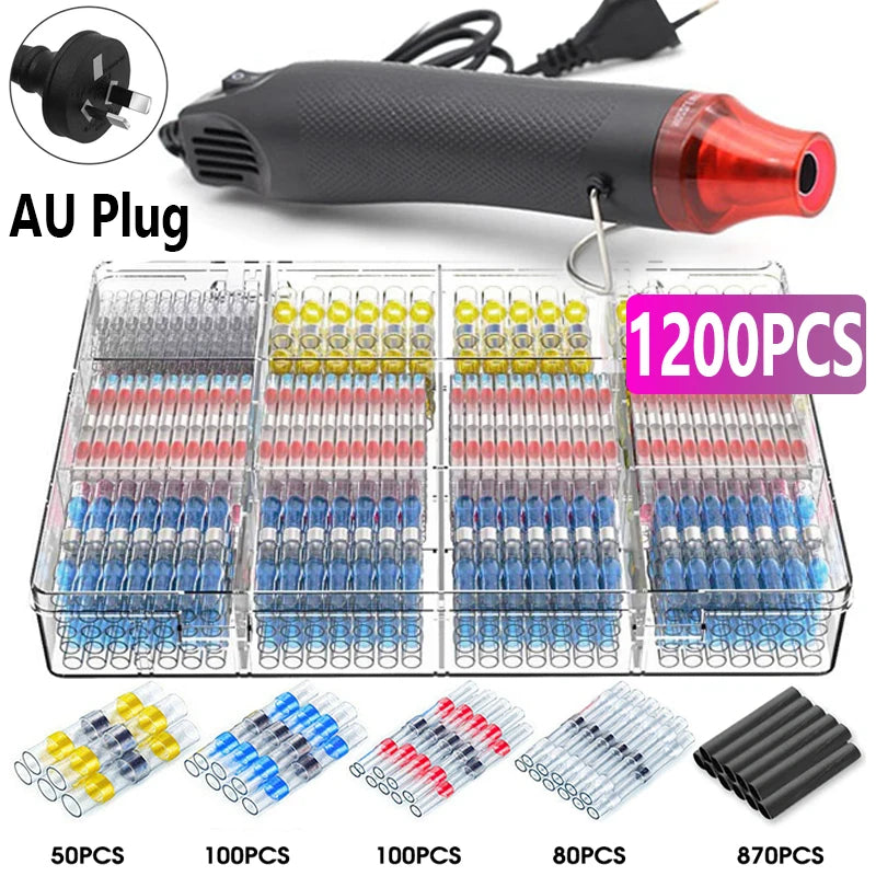A kit featuring a heat shrink wire terminal and a hot air gun, along with various quantities of terminals in plastic trays.