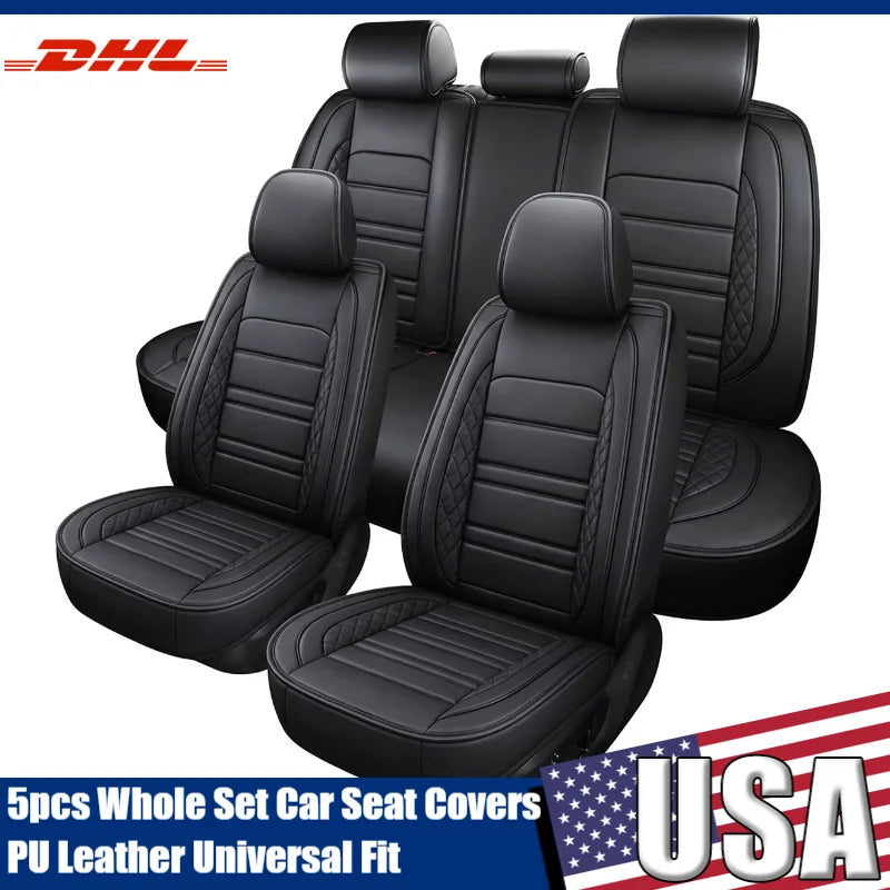 A set of five black PU leather universal car seat covers shown for a vehicle interior.