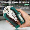 A hand holds a green and silver foldable pliers tool for easy storage and space saving.