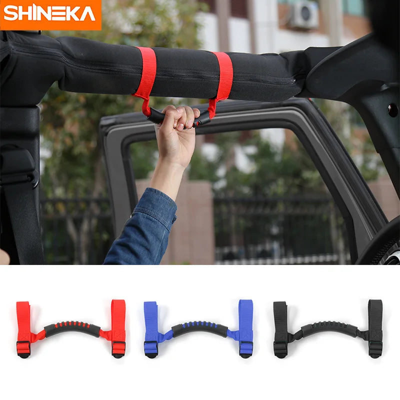 Four black grab handles for vehicle roll bars, shown in various colors like red and blue.