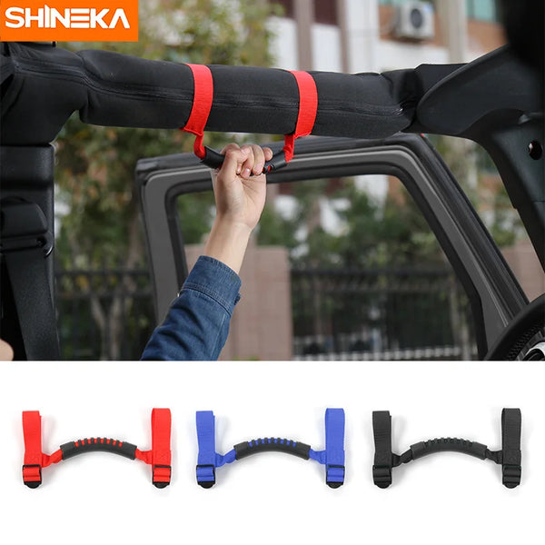 Four black grab handles for vehicle roll bars, shown in various colors like red and blue.