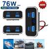 A black universal DC car charger adapter with multiple USB ports and a red cable shown next to various vehicle images.