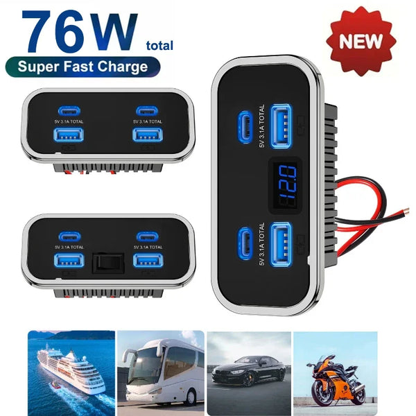 A black universal DC car charger adapter with multiple USB ports and a red cable shown next to various vehicle images.