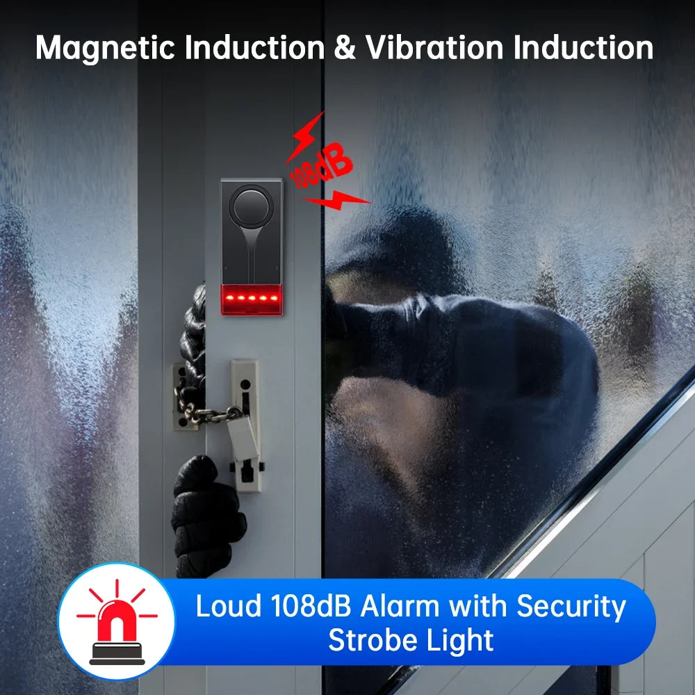 A security alarm device with a strobe light is mounted on a door, demonstrating magnetic induction and vibration detection.