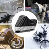 A black and gray universal motorcycle waterproof protection cover shown in various weather conditions.