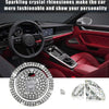 Sparkling crystal rhinestones on a car start button cover and diamond-cut gemstones.
