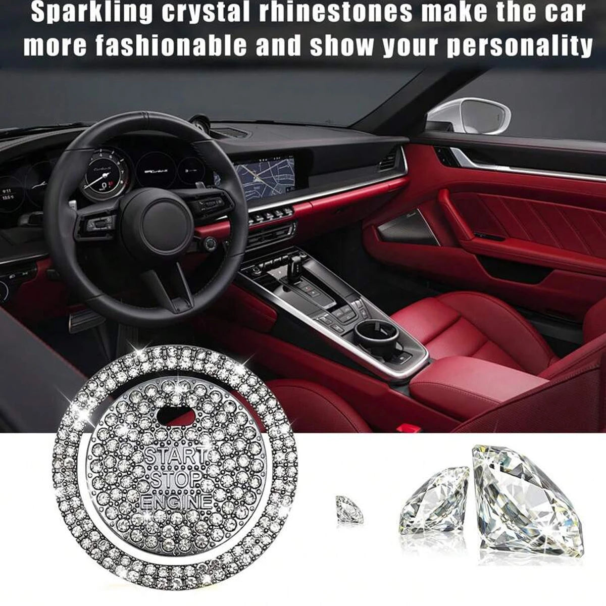 Sparkling crystal rhinestones on a car start button cover and diamond-cut gemstones.
