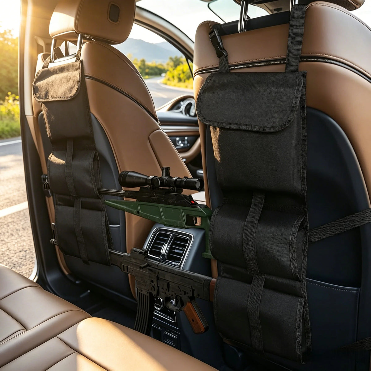 Tactical rifle sling organizer with multi-pocket storage attached to a vehicle seat.