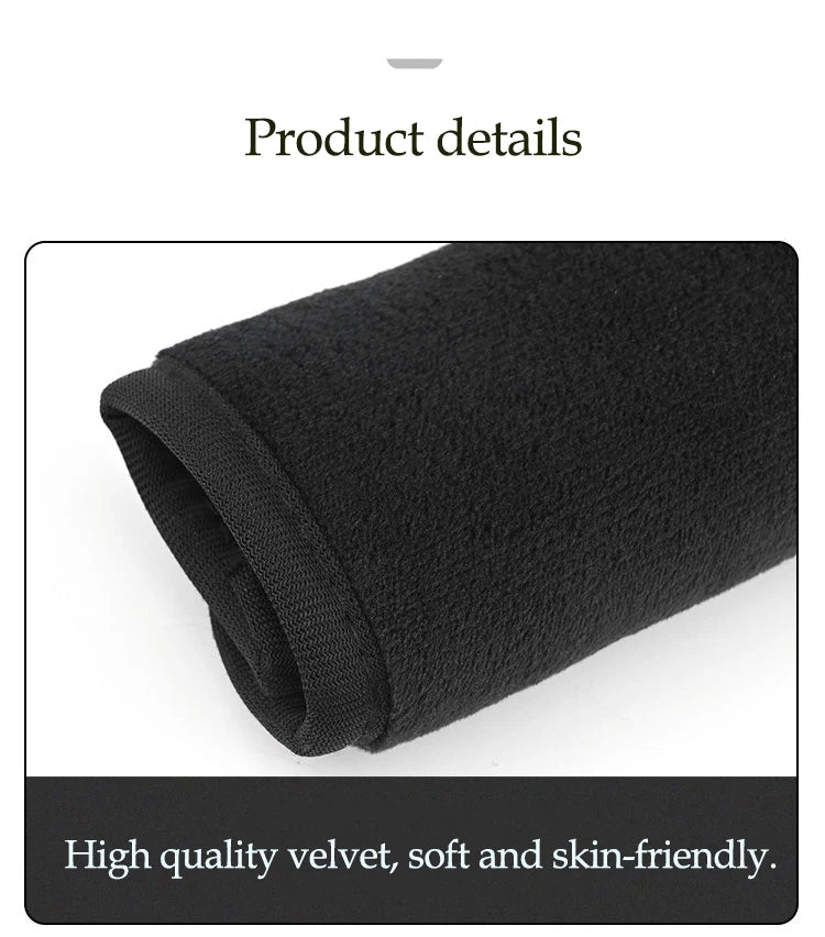 Black velvet seat belt covers shown folded, highlighting the high quality and skin-friendly material.