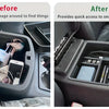 Before and after comparison of a convertible armrest storage tray for trucks showing organization of small items