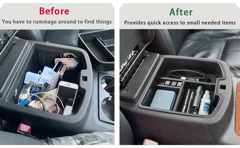 Before and after comparison of a convertible armrest storage tray for trucks showing organization of small items