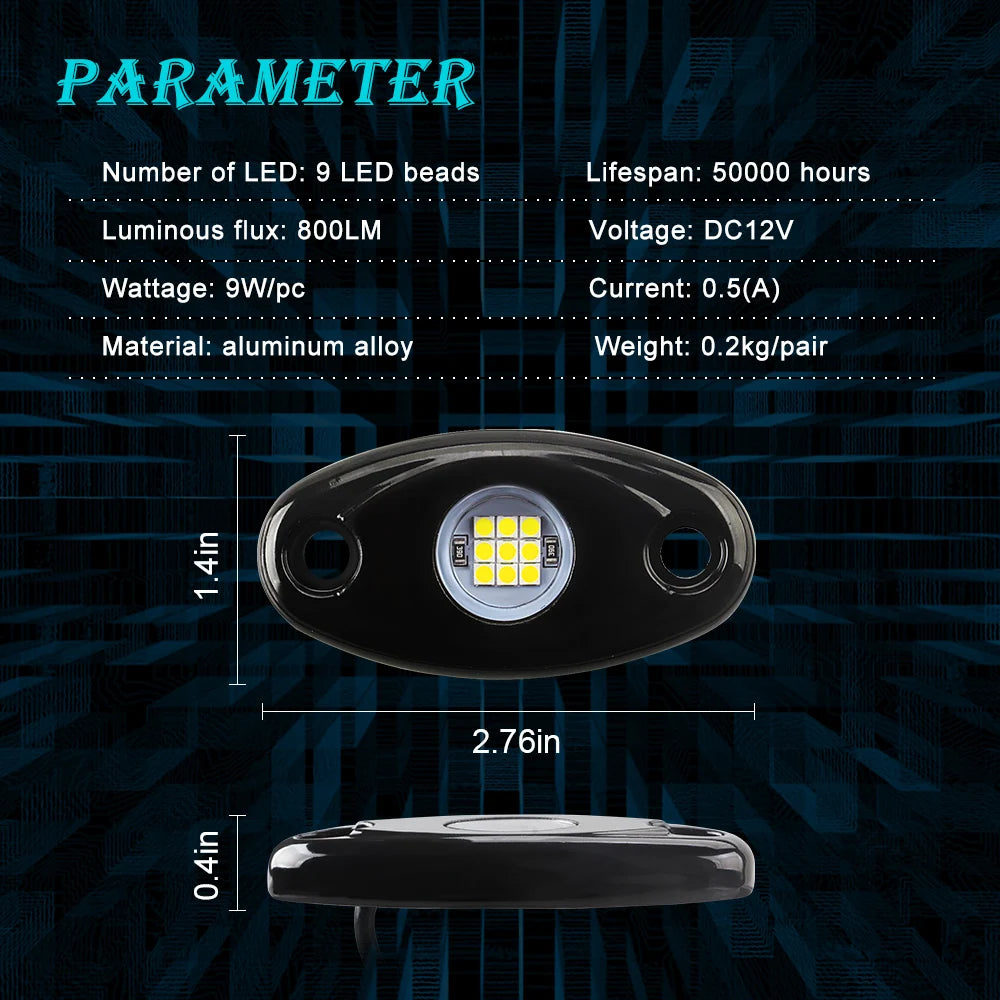A close-up view of a round LED light module with a black housing and yellow light, shown next to its base.