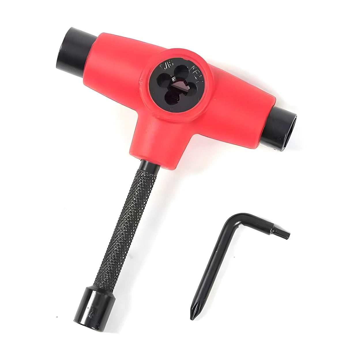 A red multi-tool set with a handle and a black tool tip is shown against a white background.