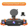 Caméra dashcam noire 4 canaux montrant divers angles d'enregistrement de 150 et 180 degrés.