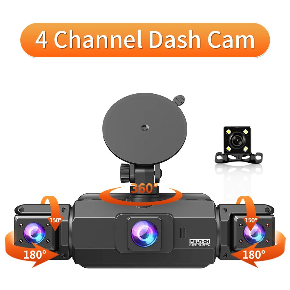 Caméra dashcam noire 4 canaux montrant divers angles d'enregistrement de 150 et 180 degrés.