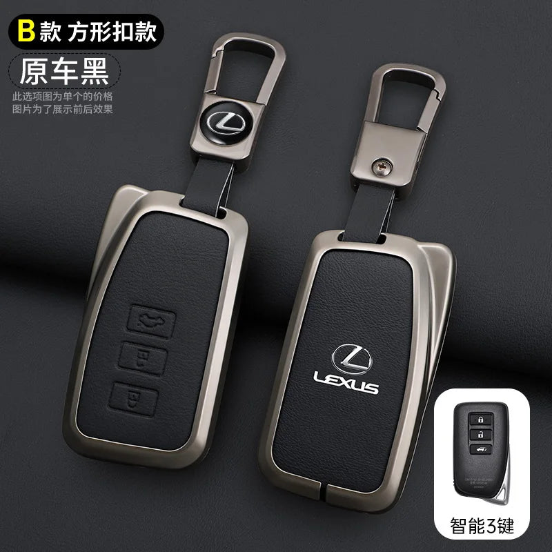 A pair of black and gold Lexus car key covers displayed on a dark background with an inset showing the smart function.