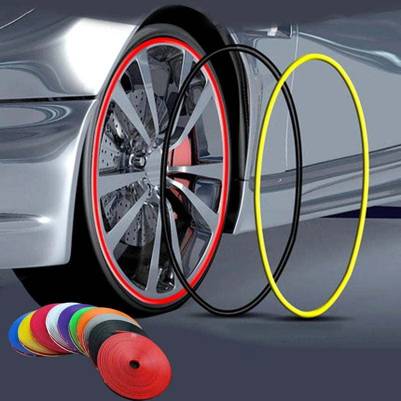 A car wheel with a protective strip installed, showing various colored strips and a yellow circle.