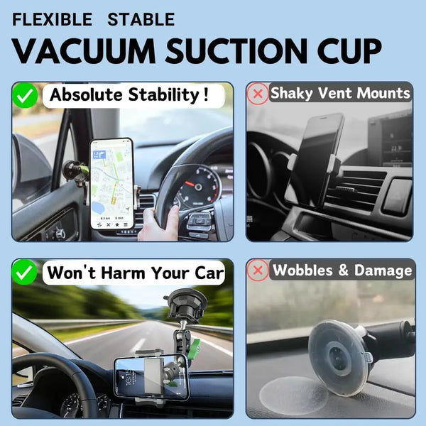 Flexible stable vacuum suction cup phone mount for car windshield used to hold a smartphone