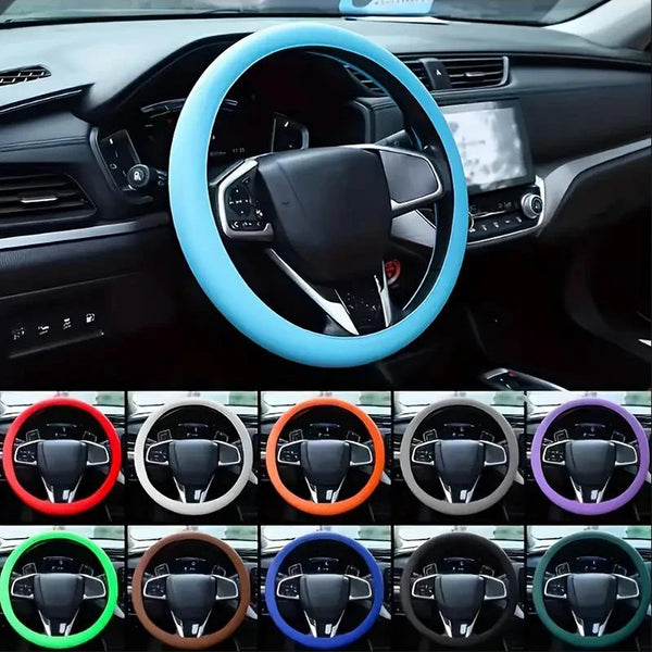 Various colored silicone steering wheel covers shown in a row.
