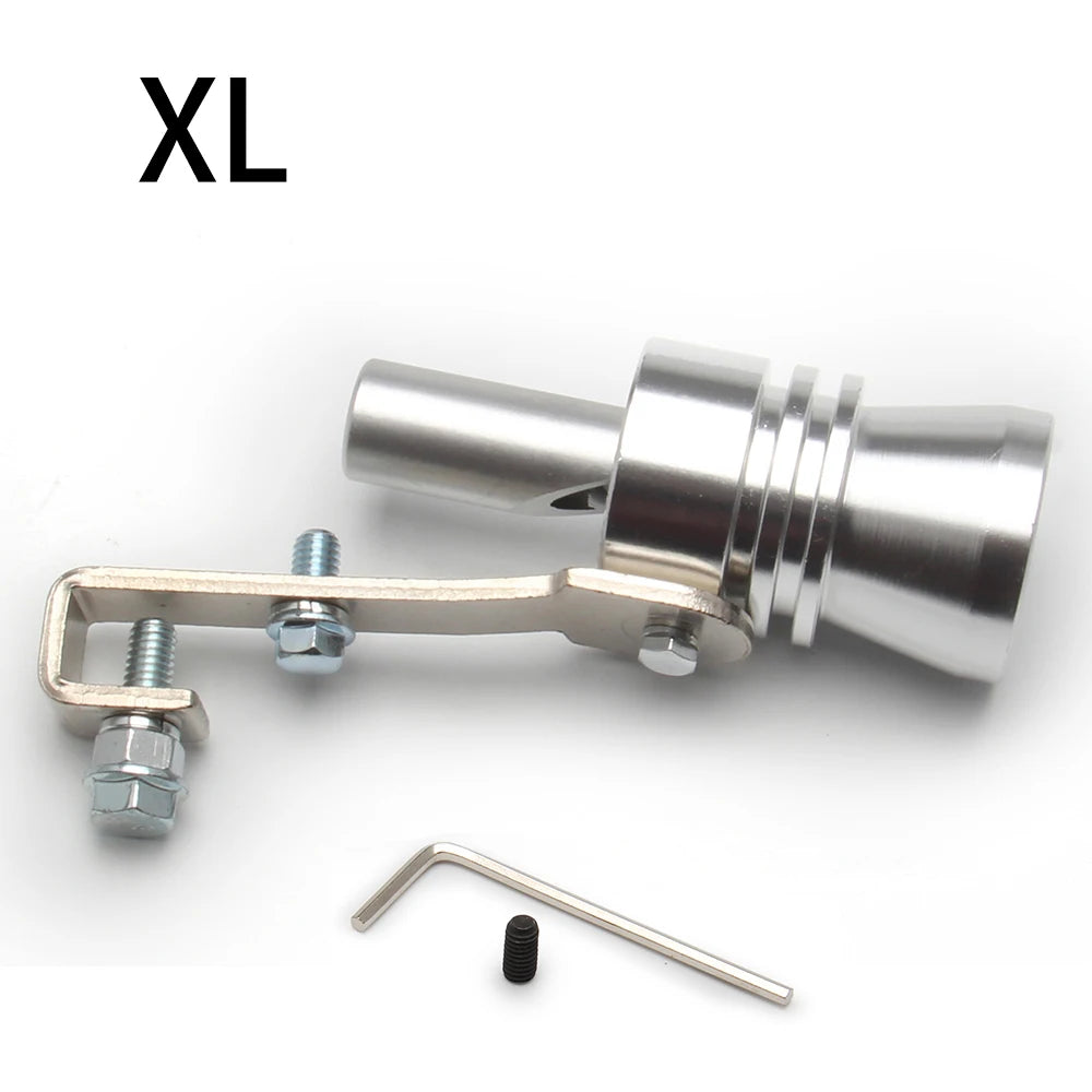 Silver universal turbo exhaust whistle with mounting bracket and a small metal rod.
