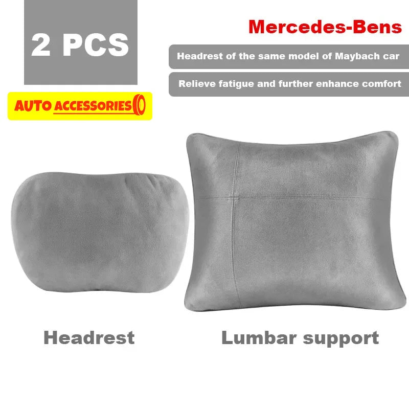 Deux accessoires pour voiture gris, incluant un repose-tête et un coussin de soutien lombaire pour véhicules Mercedes-Benz